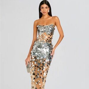 Retrofete Silver Sequin Strapless Dress
